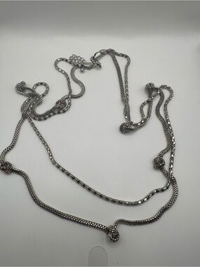 Long Silver Tone Layered Popcorn Mesh Chain Necklace Knotted Station Adjustable